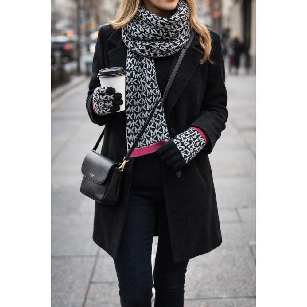 Michael Kors MK Logo Scarf & Gloves Set Black Gray Pink Trim Winter EUC